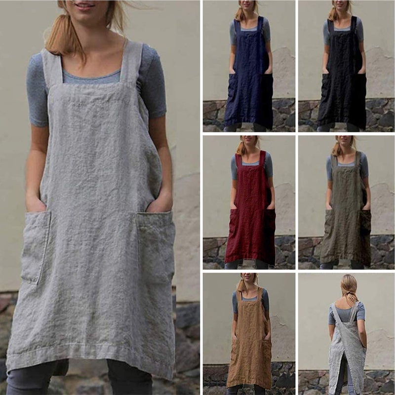 VLZUFE Cotton Linen Apron for women Cross Back Apron Pinafore Dress for Baking Cooking Gardening Work - Image 5